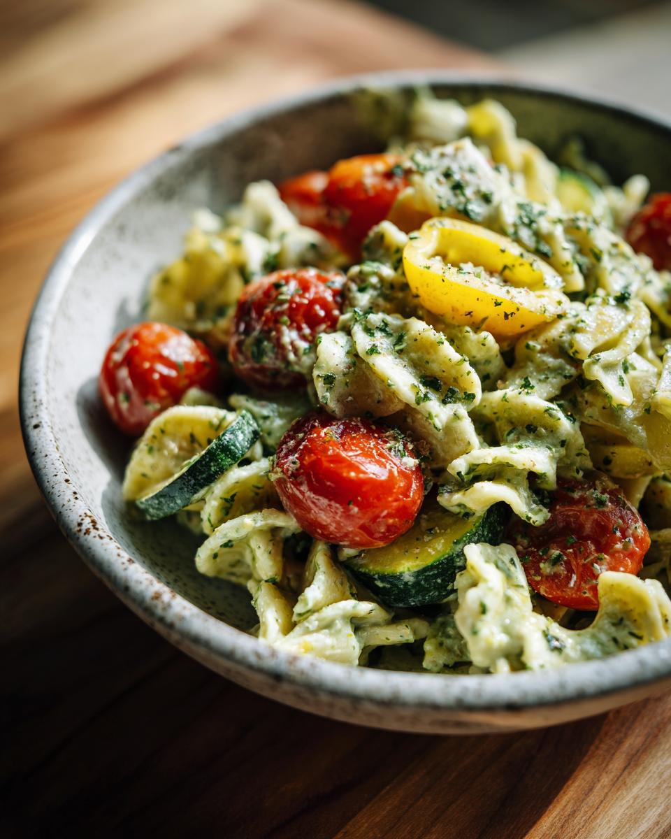 Amazing pasta salad green goddess: 1 fresh recipe 9 Close-up of pasta salad green goddess with cherry tomatoes and zucchini in a bowl.