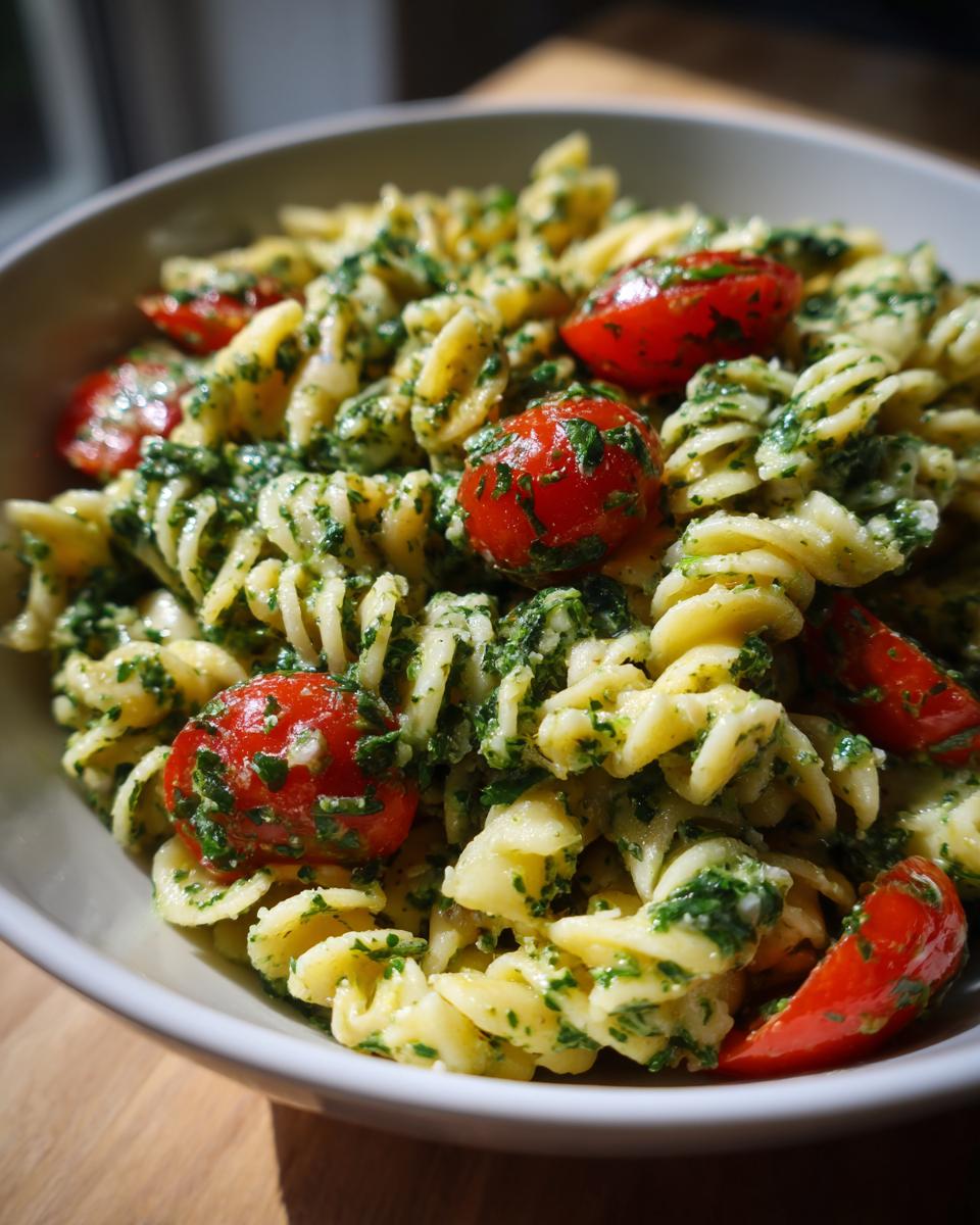 Amazing pasta salad green goddess: 1 fresh recipe 10 Close-up of pasta salad green goddess with tomatoes in a white bowl. The pasta salad green goddess is vibrant and fresh.
