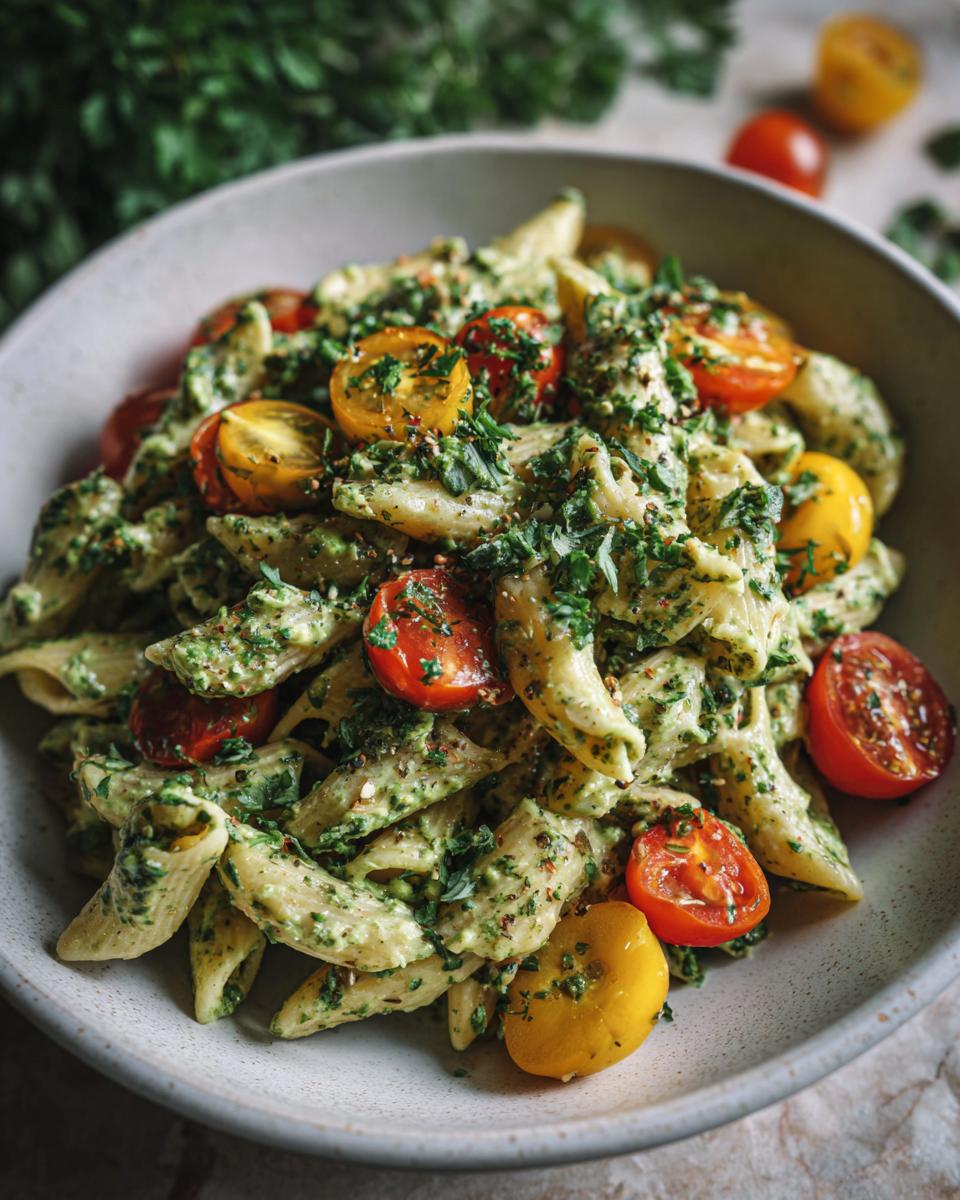 Amazing pasta salad green goddess: 1 fresh recipe 8 Close-up of a bowl of pasta salad green goddess with cherry tomatoes and herbs. The pasta salad green goddess recipe is fresh and vibrant.