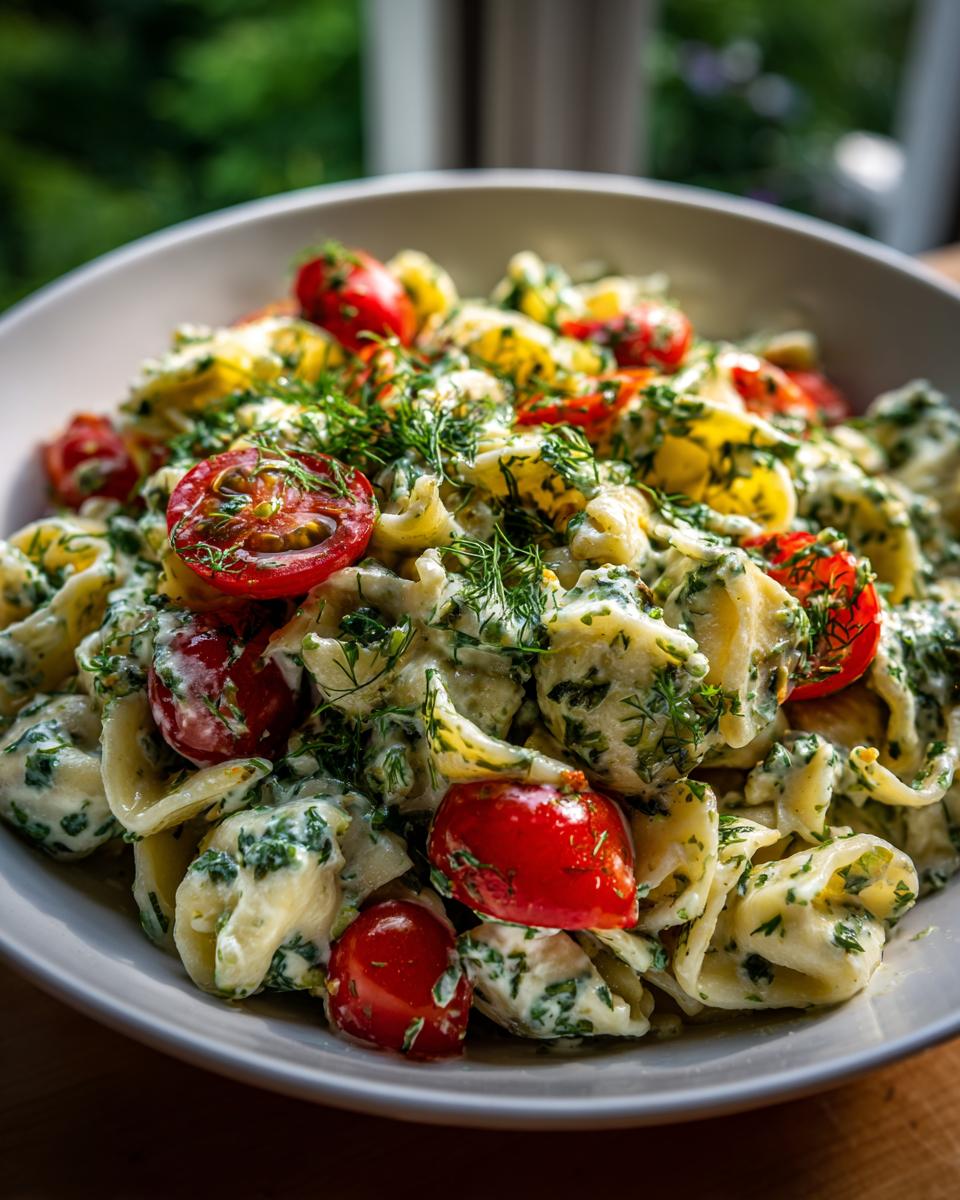Amazing pasta salad green goddess: 1 fresh recipe 7 Close-up of pasta salad green goddess with tomatoes and fresh herbs. This pasta salad green goddess is a delicious and healthy meal.