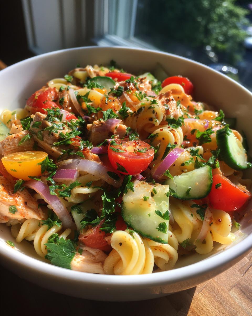Close-up of a bowl of pasta salad grilled chicken with tomatoes, cucumber, and red onion. The dish is pasta salad grilled chicken.