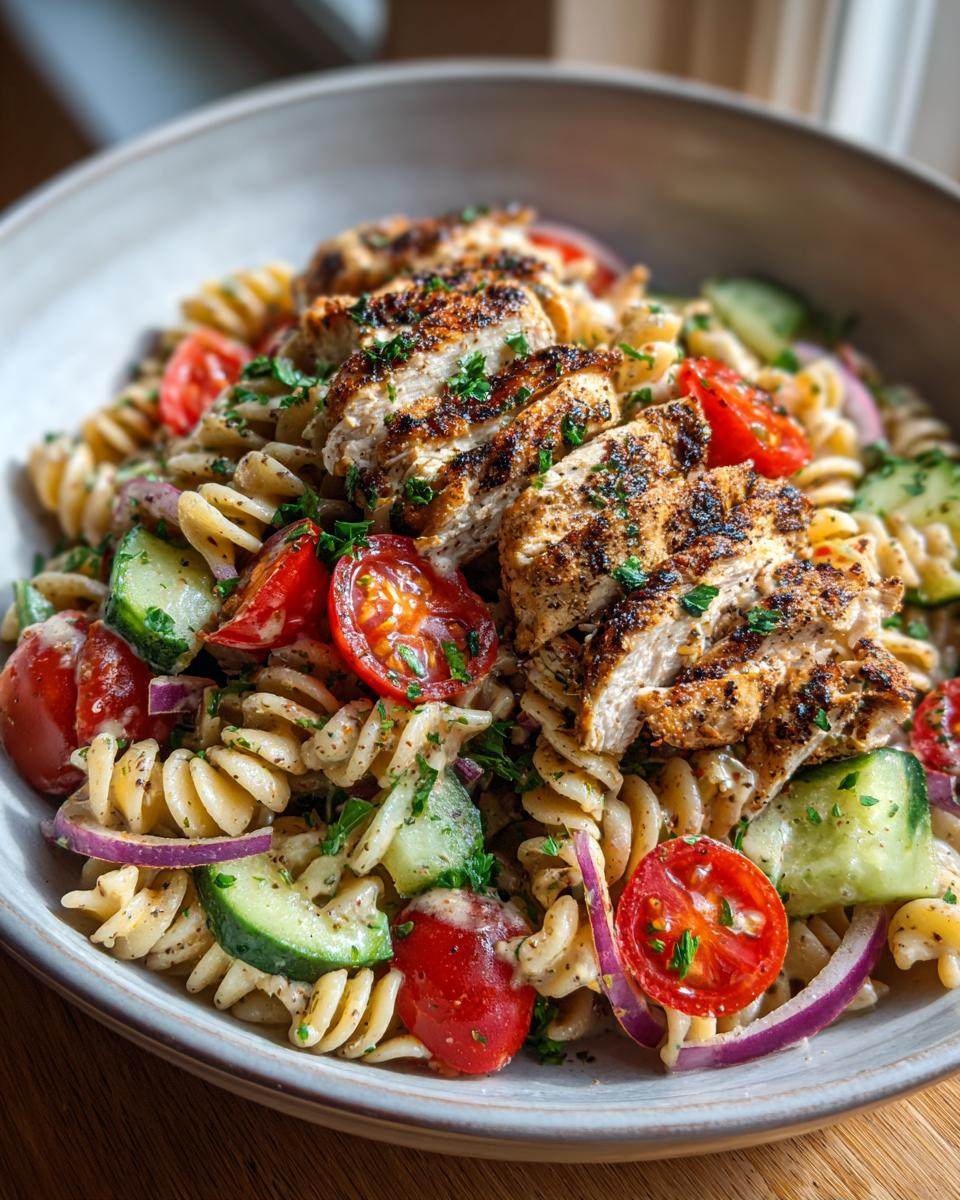 Close-up of pasta salad grilled chicken with tomatoes, cucumbers, and red onion.