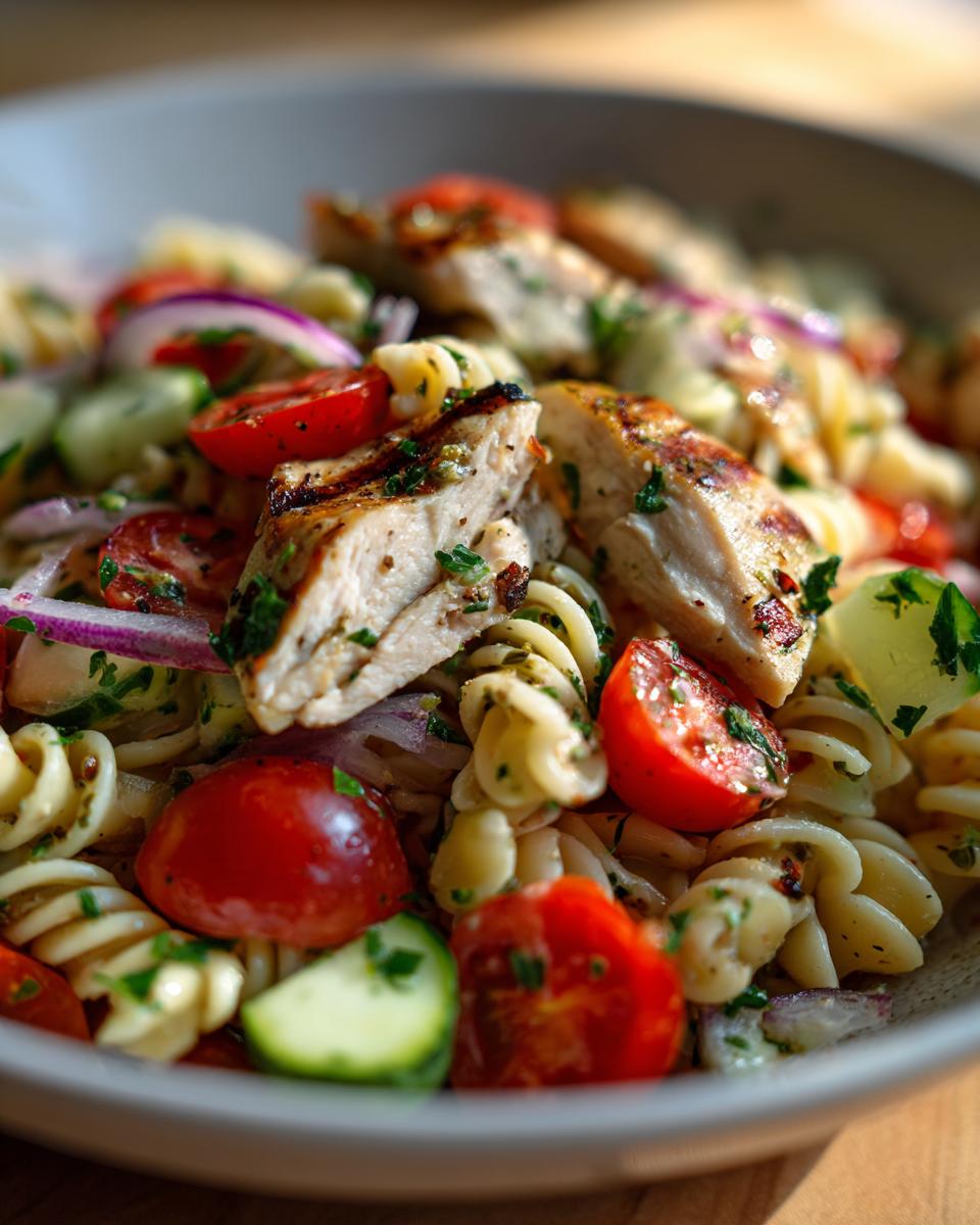 Close-up of pasta salad grilled chicken with tomatoes, cucumber, and red onion. The pasta salad grilled chicken is served in a bowl.