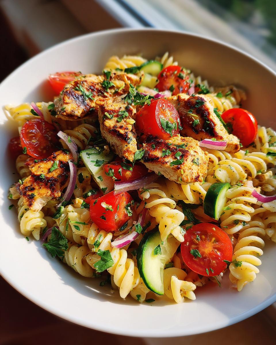 Close-up of pasta salad grilled chicken with tomatoes, cucumber, and red onion.