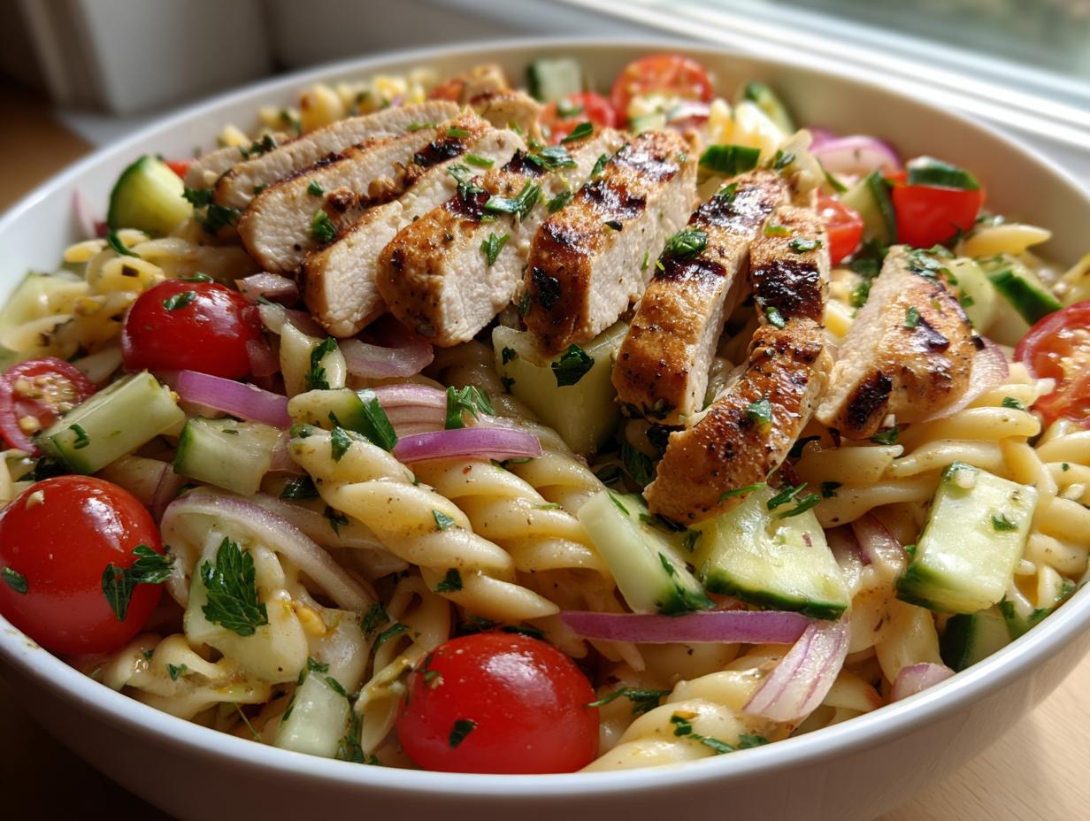 Close-up of pasta salad grilled chicken with tomatoes, cucumbers, and red onion. A delicious pasta salad grilled chicken.