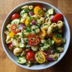 Amazing Pasta Salad Healthy Recipes 11 Close-up of a bowl of pasta salad with tomatoes, cucumber, and herbs. This is a pasta salad healthy recipe.