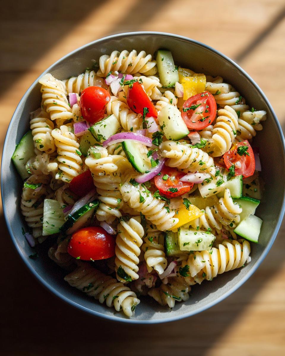 Amazing Pasta Salad Healthy Recipes 7 A vibrant bowl of pasta salad healthy recipes with tomatoes, cucumber, and red onion.