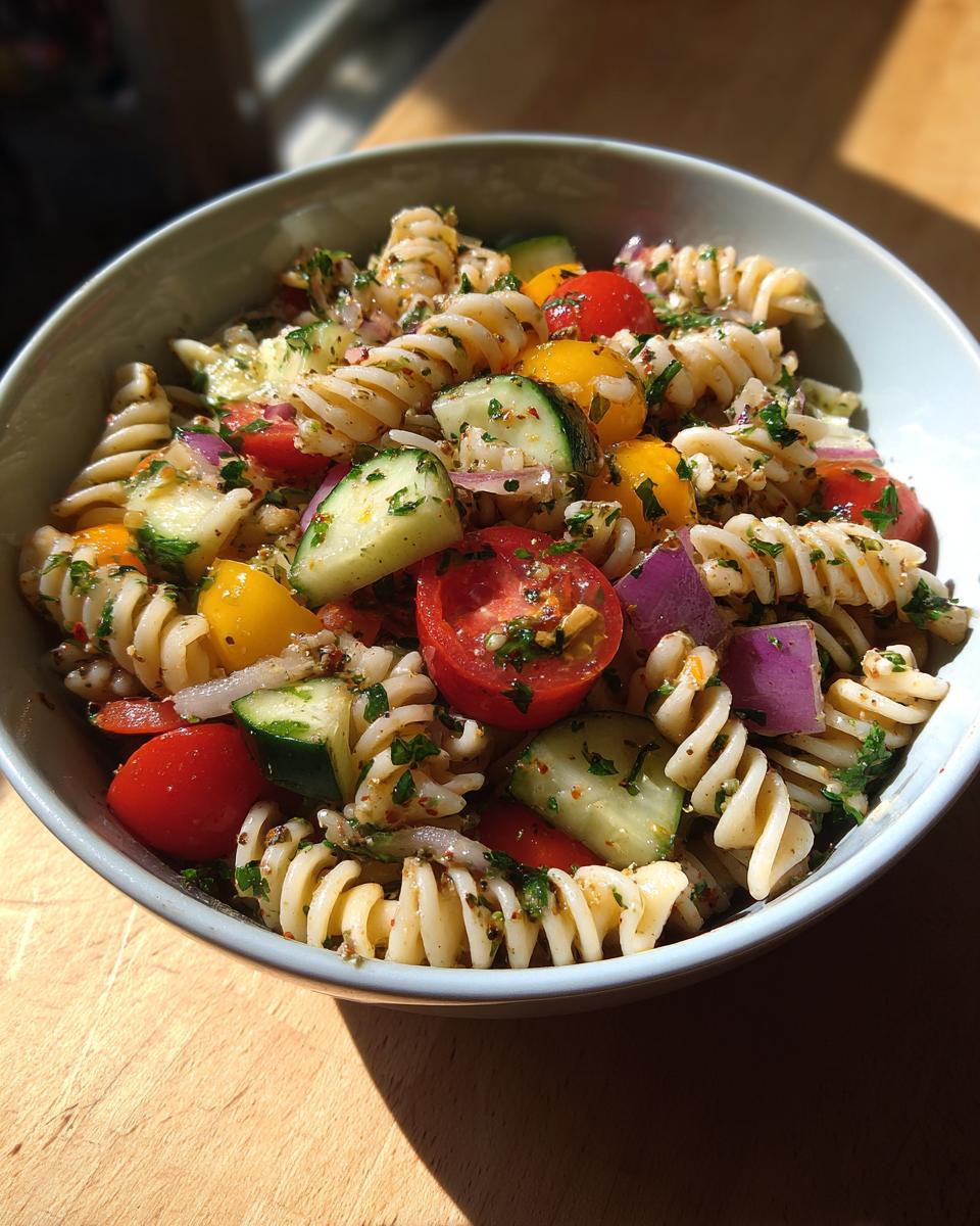 Amazing Pasta Salad Healthy Recipes 10 Close-up of a bowl of pasta salad healthy recipes with tomatoes, cucumbers, and red onion.