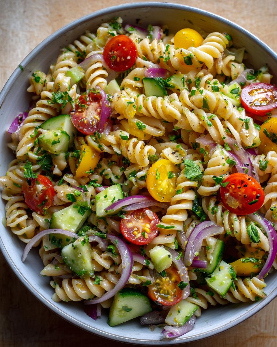Amazing Pasta Salad Healthy Recipes 9 Close-up of a pasta salad healthy recipes with tomatoes, cucumbers, and red onion.