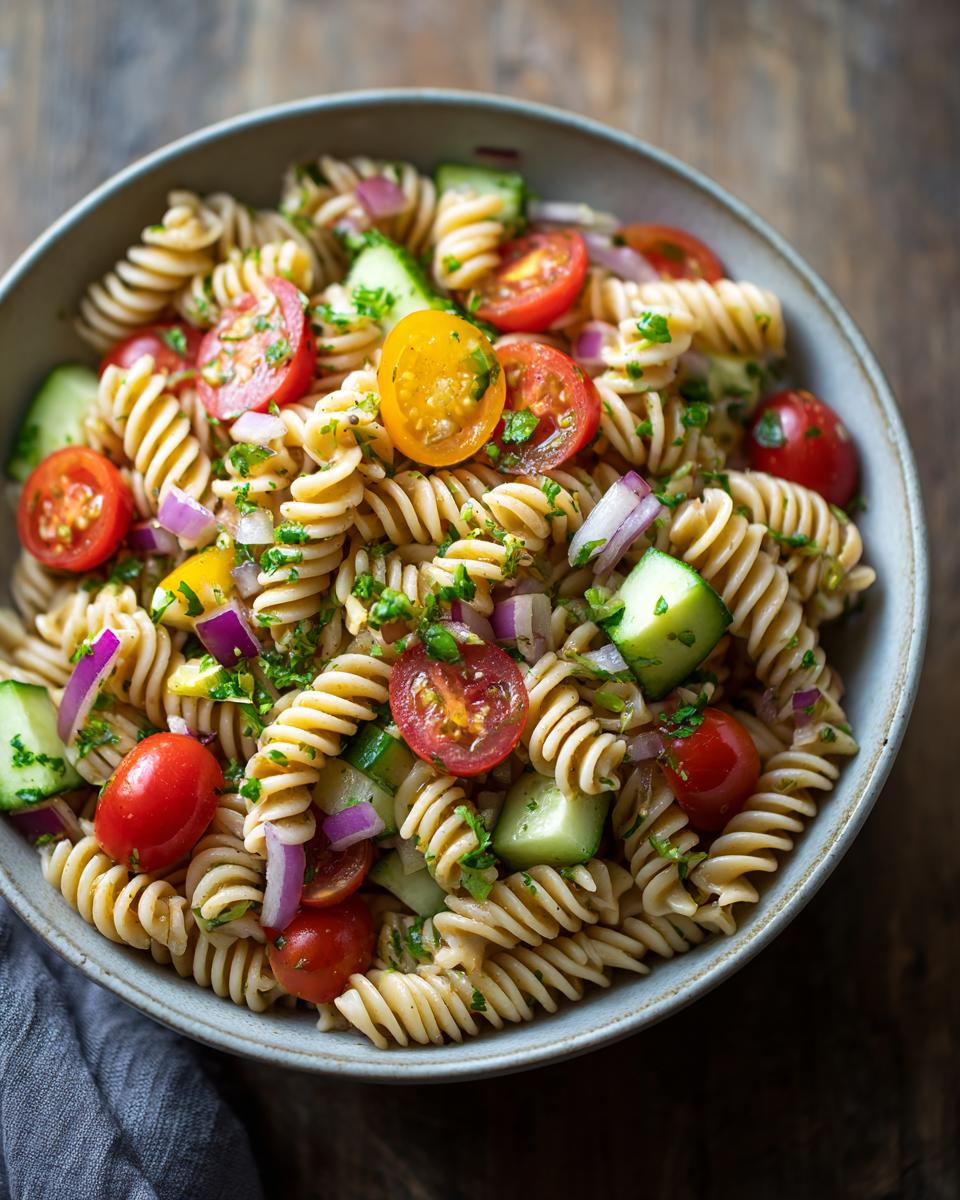 Amazing Pasta Salad Healthy Recipes 8 Overhead shot of a vibrant pasta salad healthy recipes with tomatoes, cucumber, and red onion.