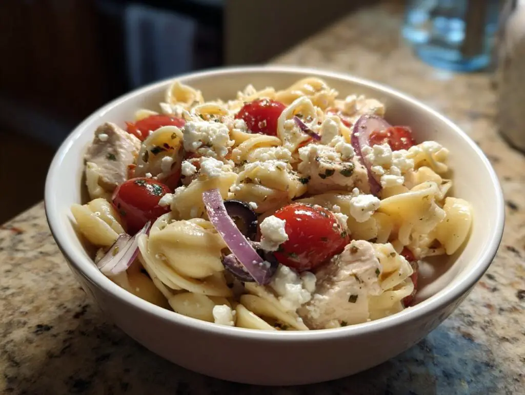 A bowl of delicious pasta salad high protein with chicken, tomatoes, feta, and red onion.