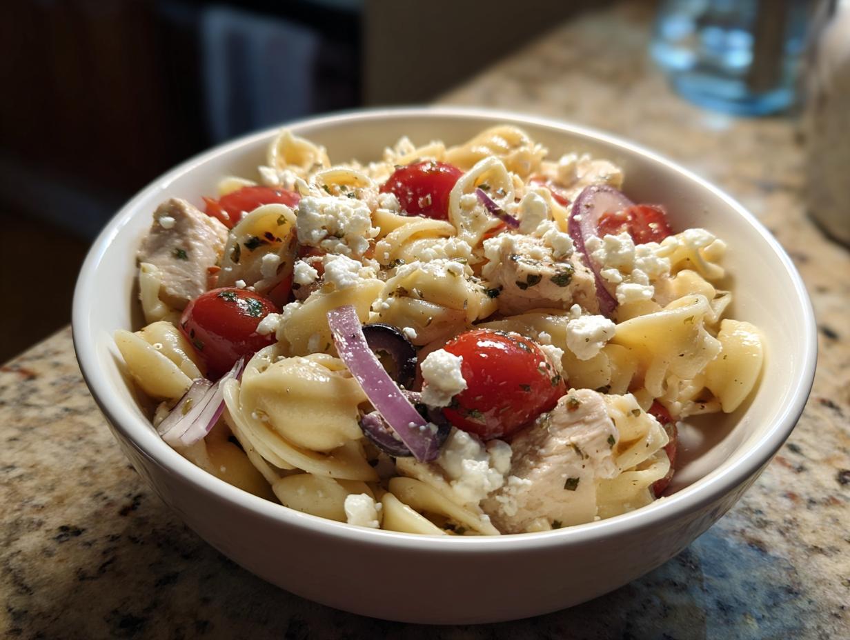 A bowl of delicious pasta salad high protein with chicken, tomatoes, feta, and red onion.