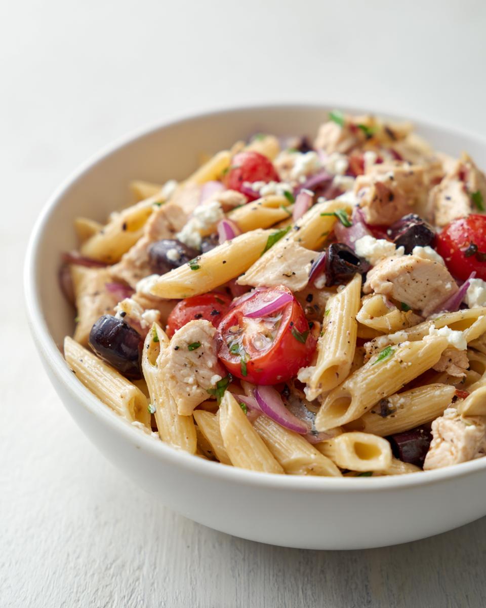 Close-up of a pasta salad high protein with chicken, tomatoes, olives, and feta in a white bowl.