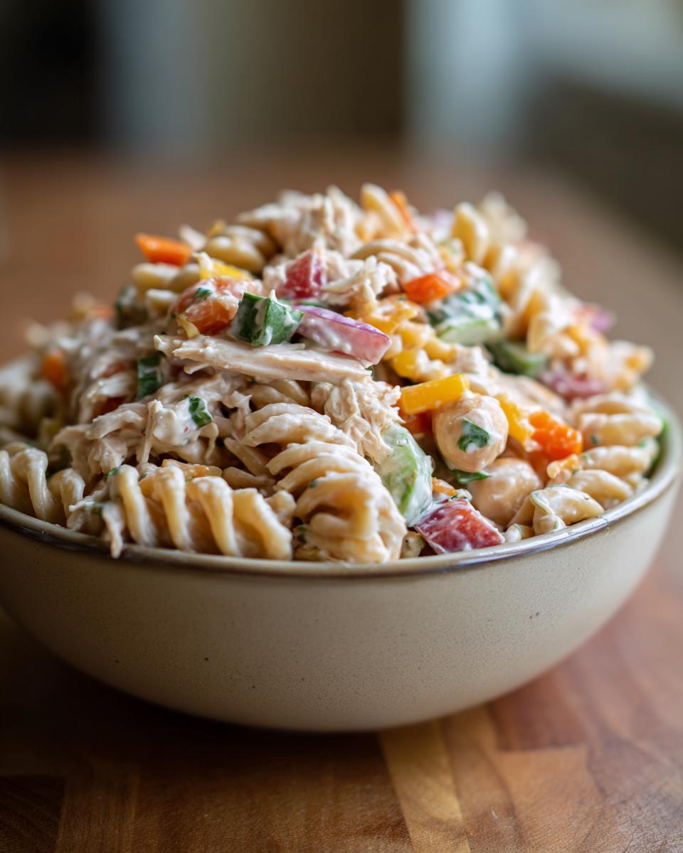 Amazing High Protein Pasta Salad 30g Protein 8 Close-up of a bowl of pasta salad high protein with rotini pasta, vegetables, and chicken.