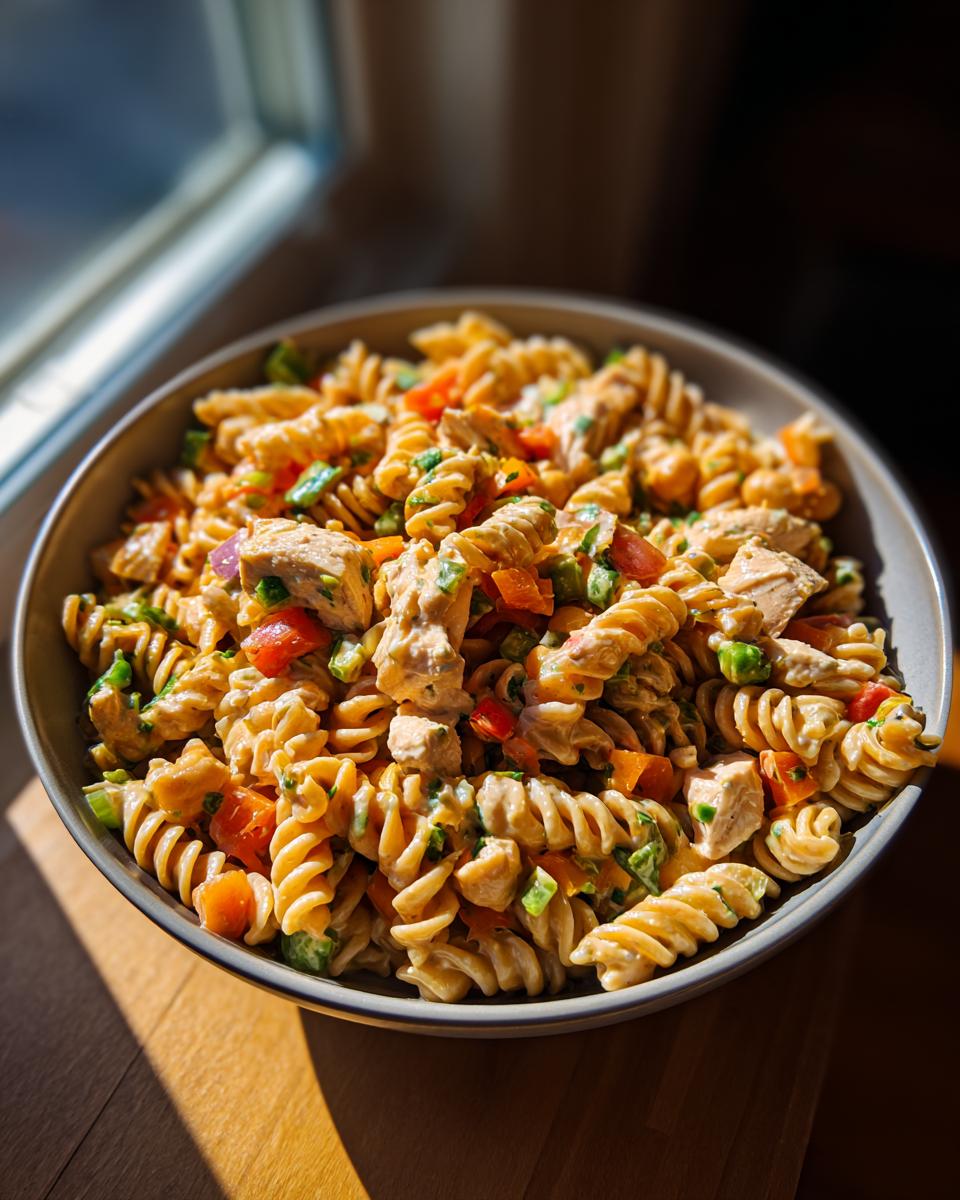 Amazing High Protein Pasta Salad 30g Protein 10 Close-up of a bowl of pasta salad high protein with chicken and vegetables.