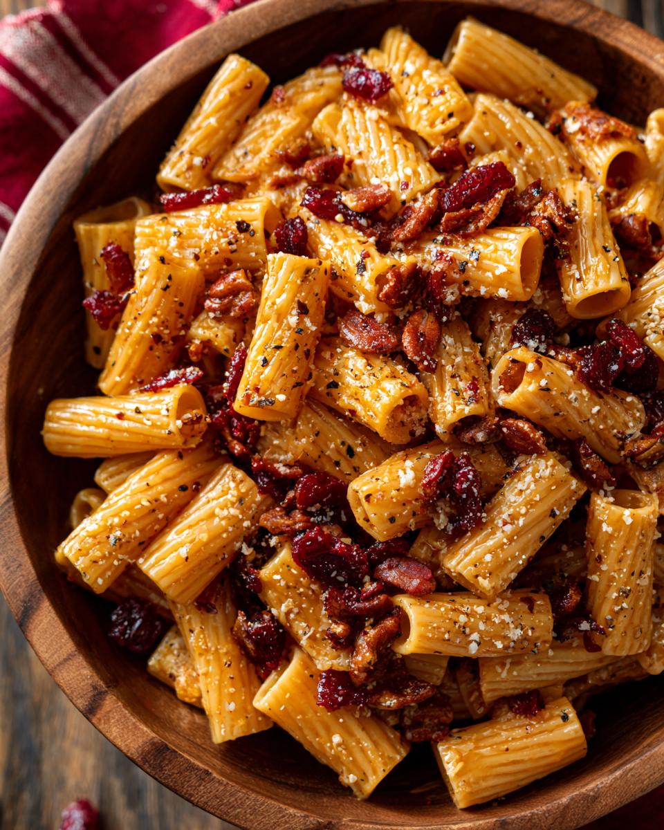 Amazing High Protein Pasta Salad: 30 Min Meal 4 Close-up of a pasta salad high protein with rigatoni pasta, bacon, and cheese in a wooden bowl.