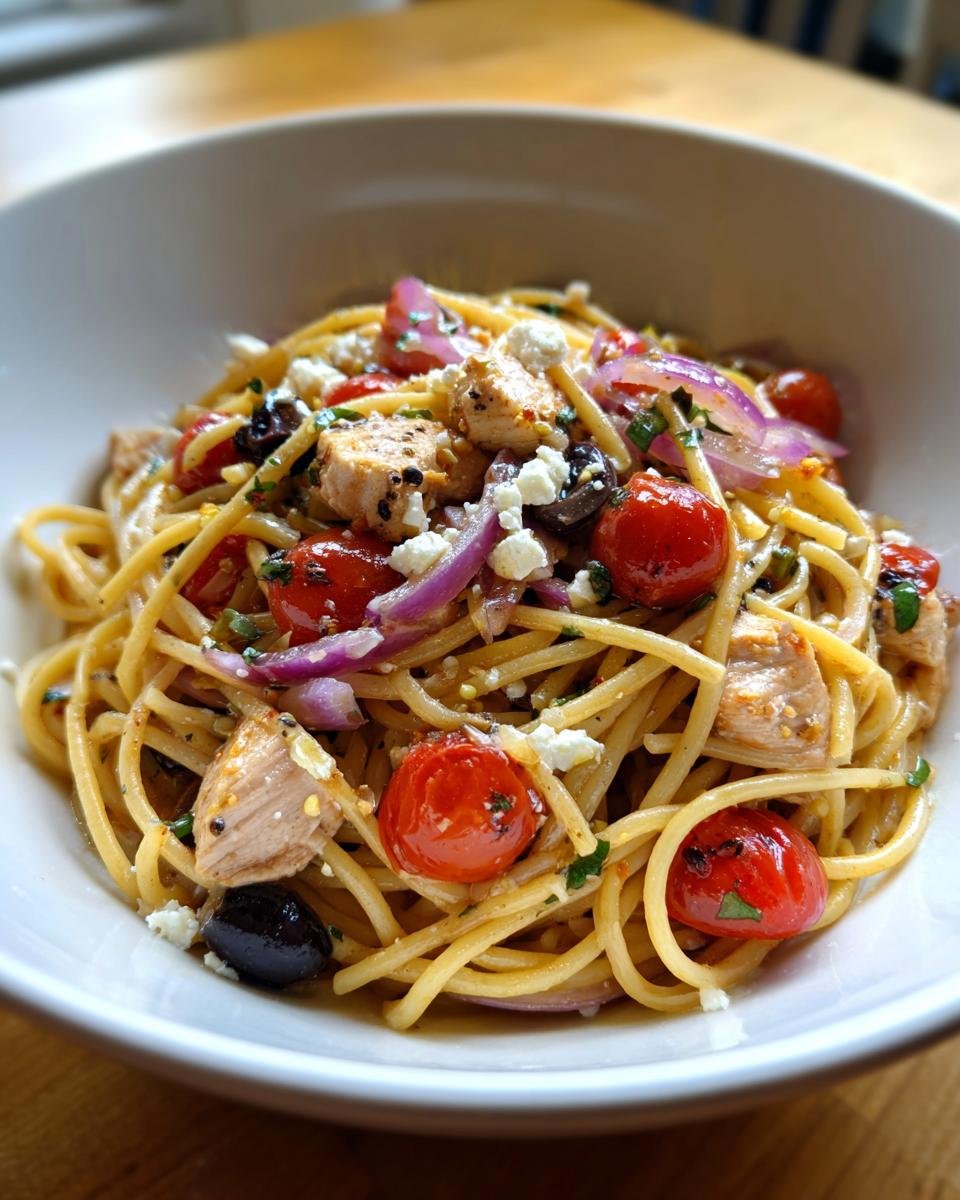 Close-up of a high protein pasta salad with chicken, tomatoes, red onion, olives, and feta cheese.