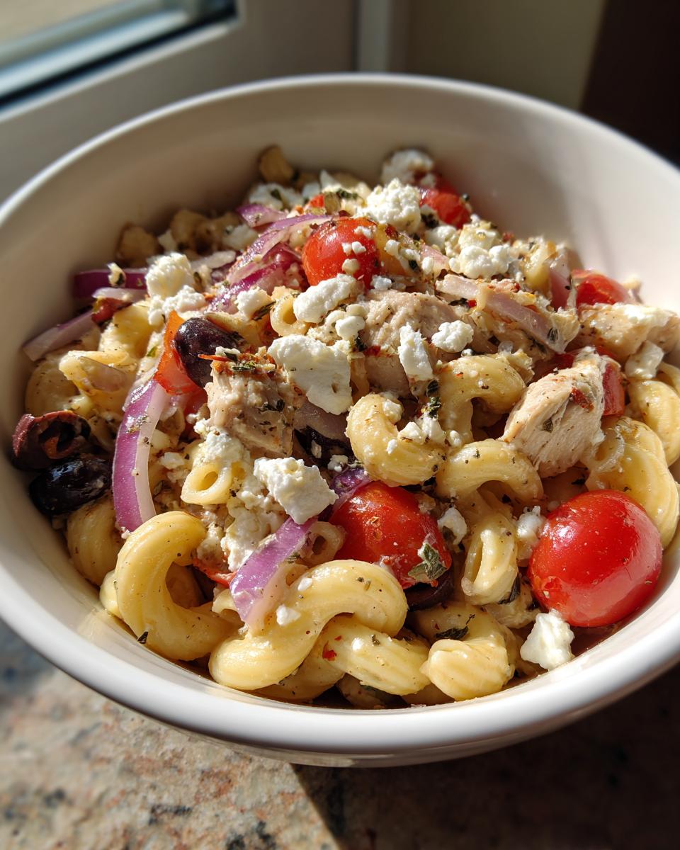 Close-up of a bowl of pasta salad high protein with chicken, tomatoes, feta, and olives.