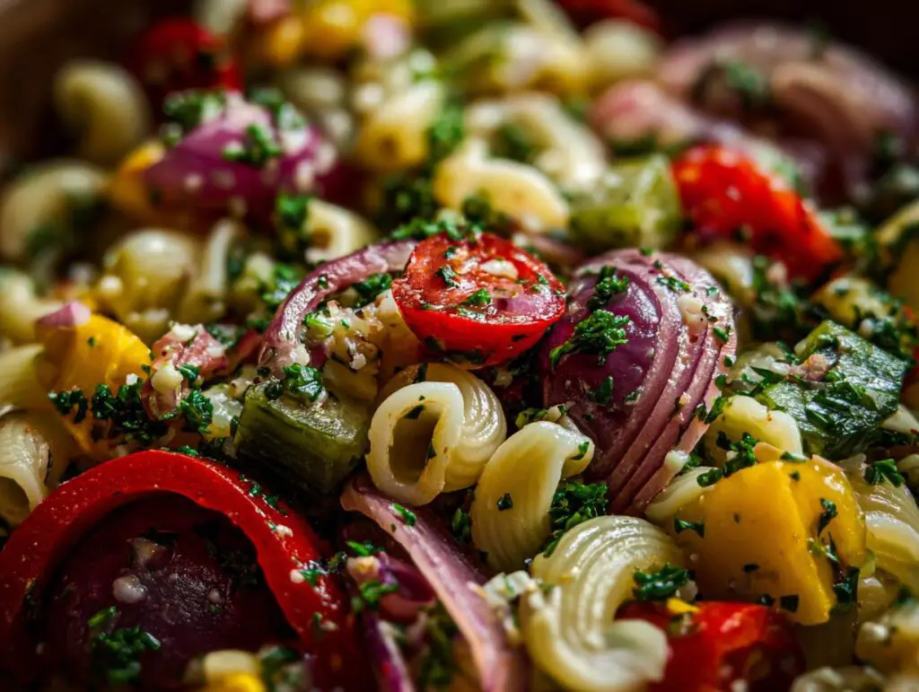 Close-up of a vibrant pasta salad high protein with vegetables and herbs.