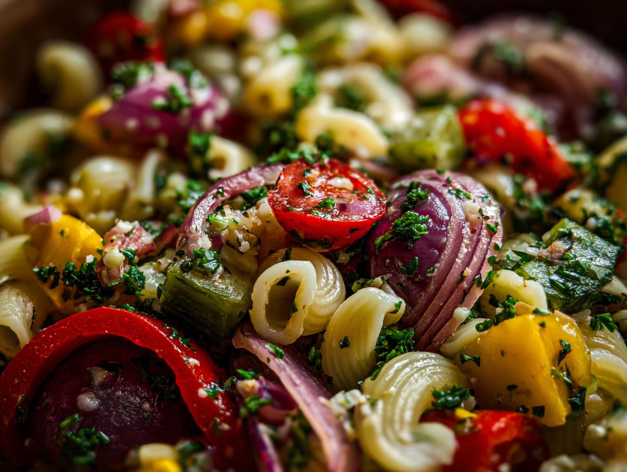 Amazing High Protein Pasta Salad: 30 Min Meal 1 Close-up of a vibrant pasta salad high protein with vegetables and herbs.