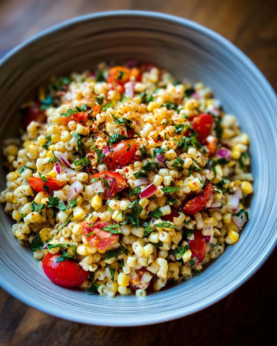 Amazing High Protein Pasta Salad: 30 Min Meal 3 Close-up of a pasta salad high protein with corn, tomatoes, red onion, and herbs in a bowl.