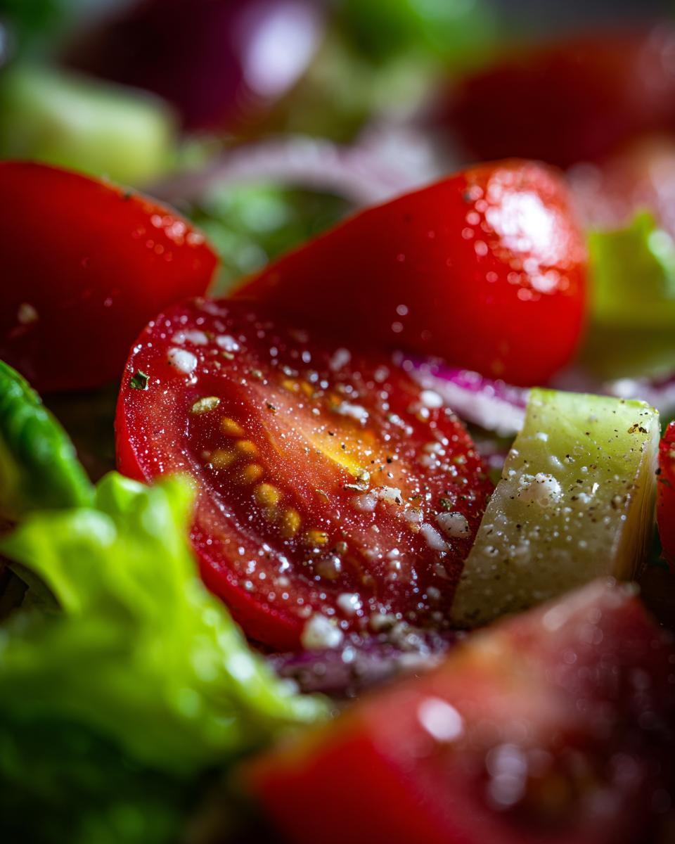 Close-up of fresh tomatoes, cucumbers, and lettuce, perfect for a pasta salad dressing recipe.