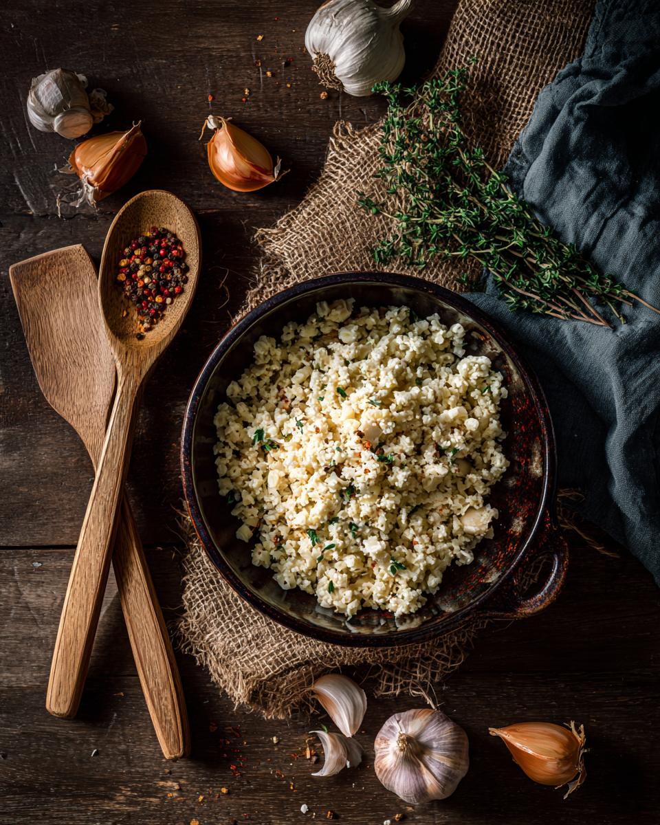 Overhead shot of ingredients, including garlic and spices, for how do you make pasta salad.