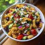 Close-up of a bowl of pasta salad july 4th with tomatoes, olives, feta, and red onion.