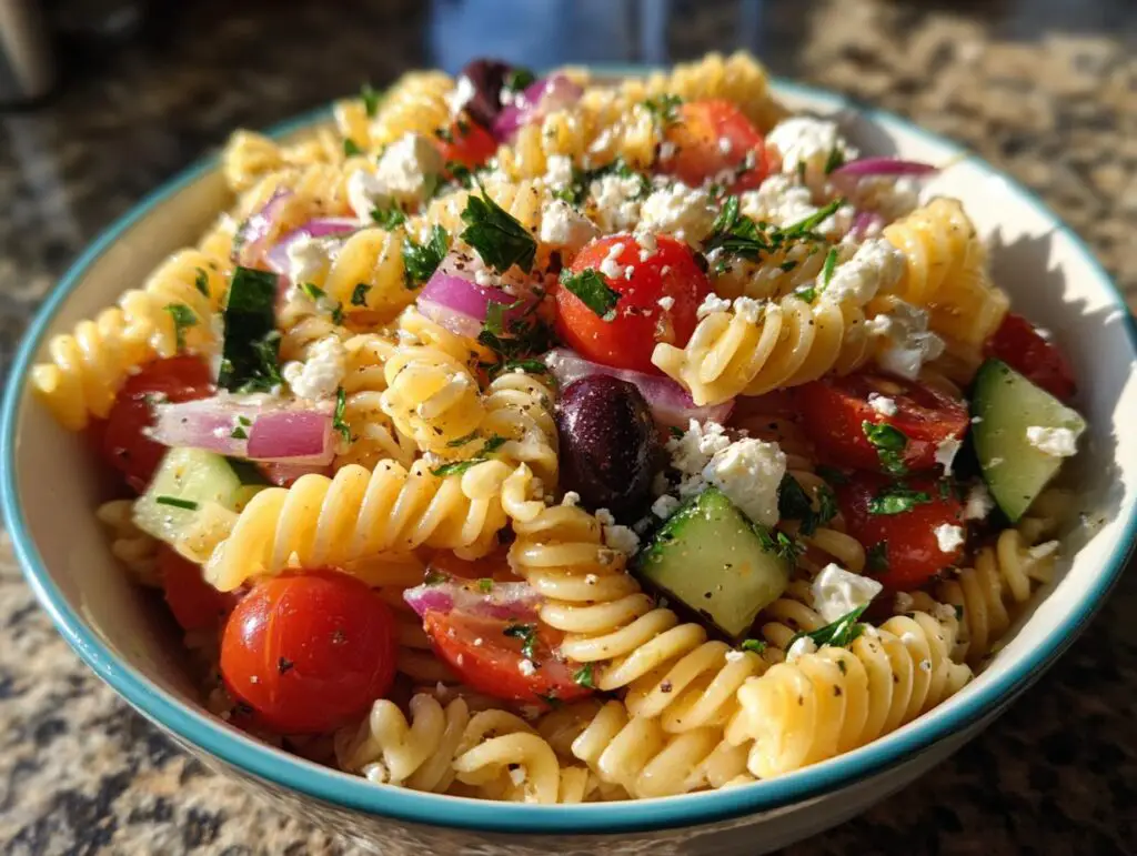 Close-up of a colorful pasta salad July 4th with tomatoes, cucumbers, and feta cheese.