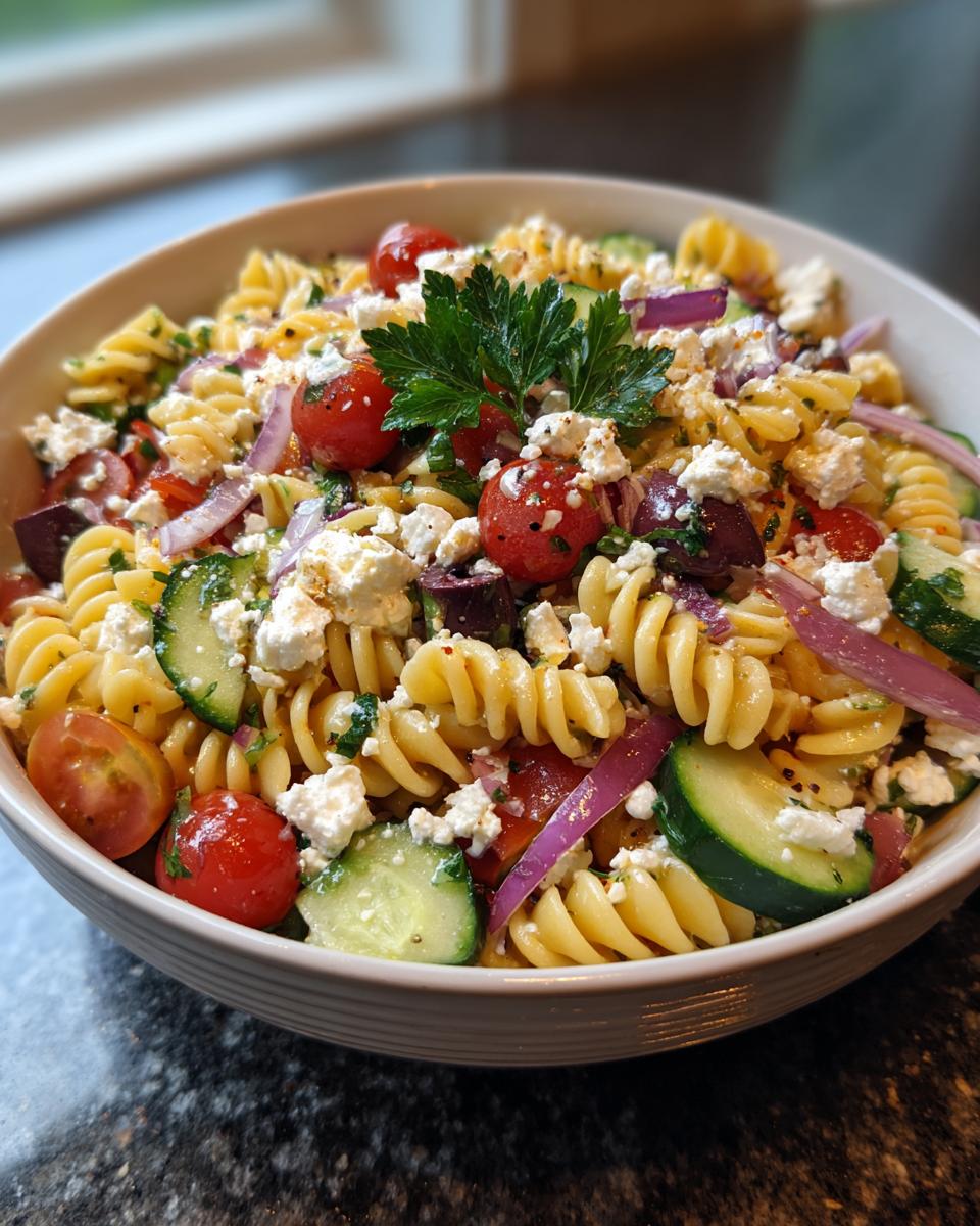 A vibrant bowl of pasta salad July 4th with tomatoes, cucumbers, olives, and feta cheese.