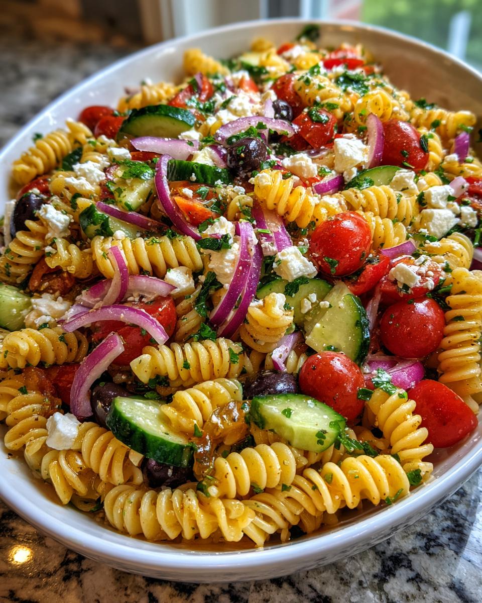 Close-up of a colorful pasta salad july 4th with rotini pasta, tomatoes, cucumbers, and feta cheese.