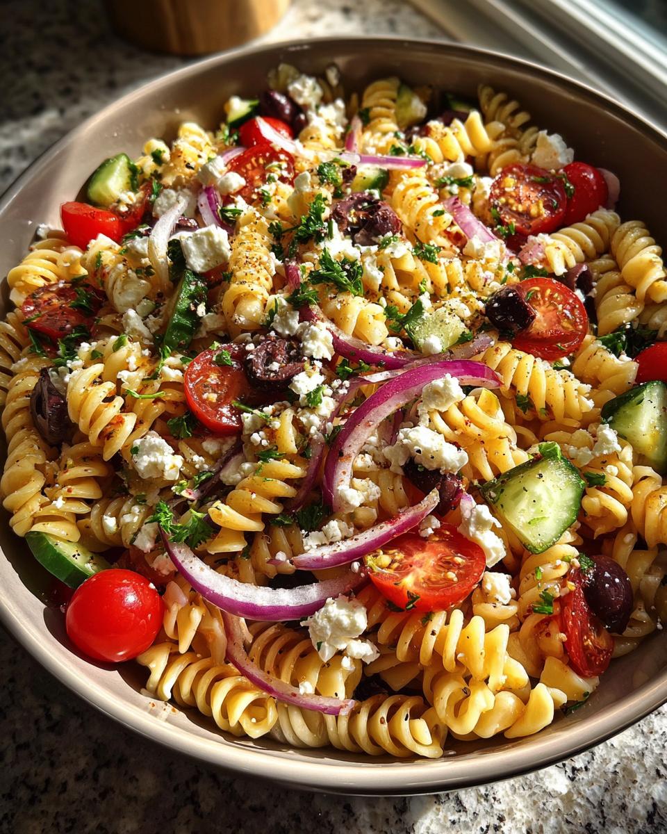 Close-up of a pasta salad july 4th with tomatoes, olives, red onion, and feta cheese.