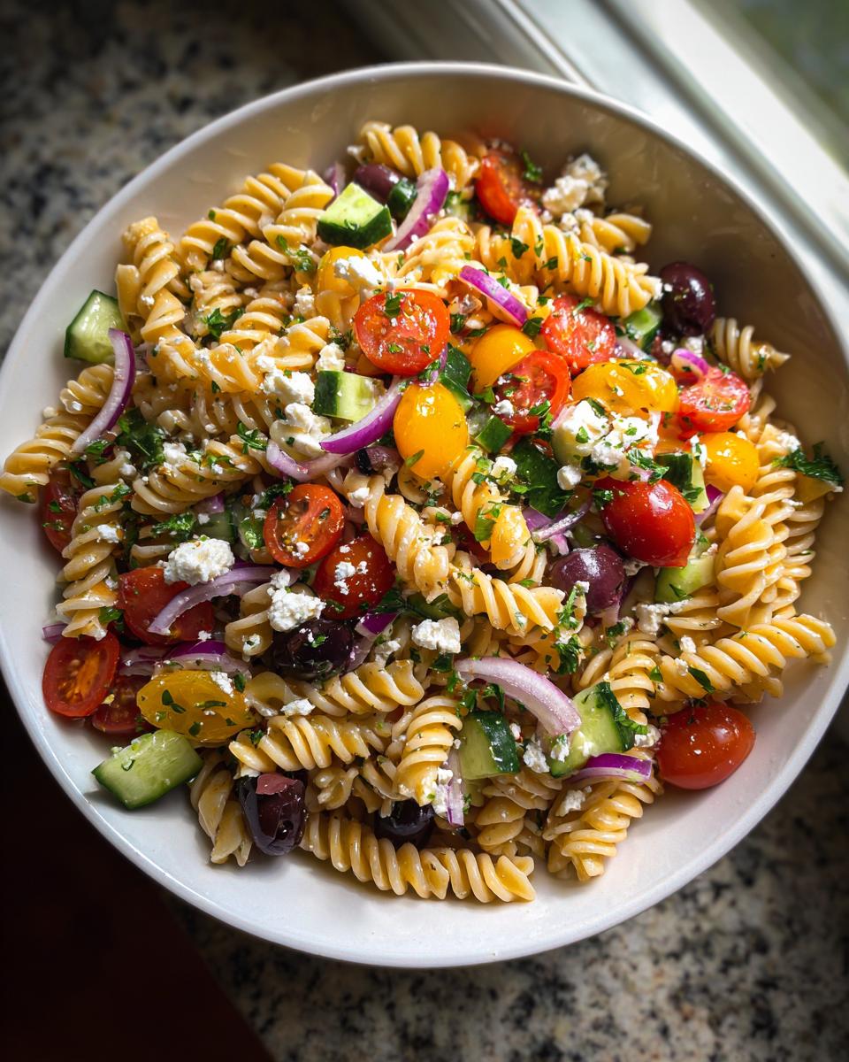 Close-up of a colorful pasta salad july 4th with tomatoes, olives, cucumbers, and feta cheese.