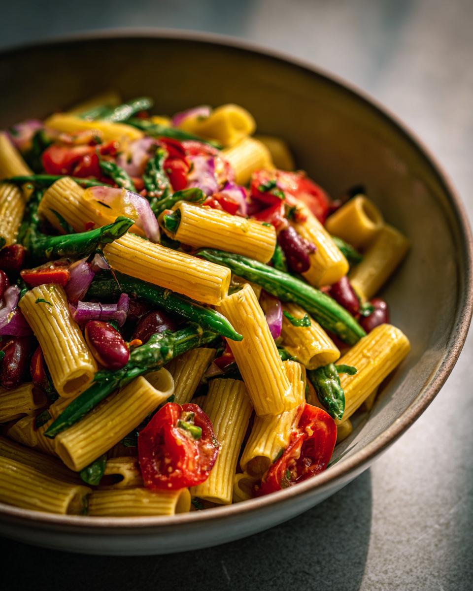 Close-up of a bowl of pasta salad kidney beans with tomatoes, asparagus, and red onion.