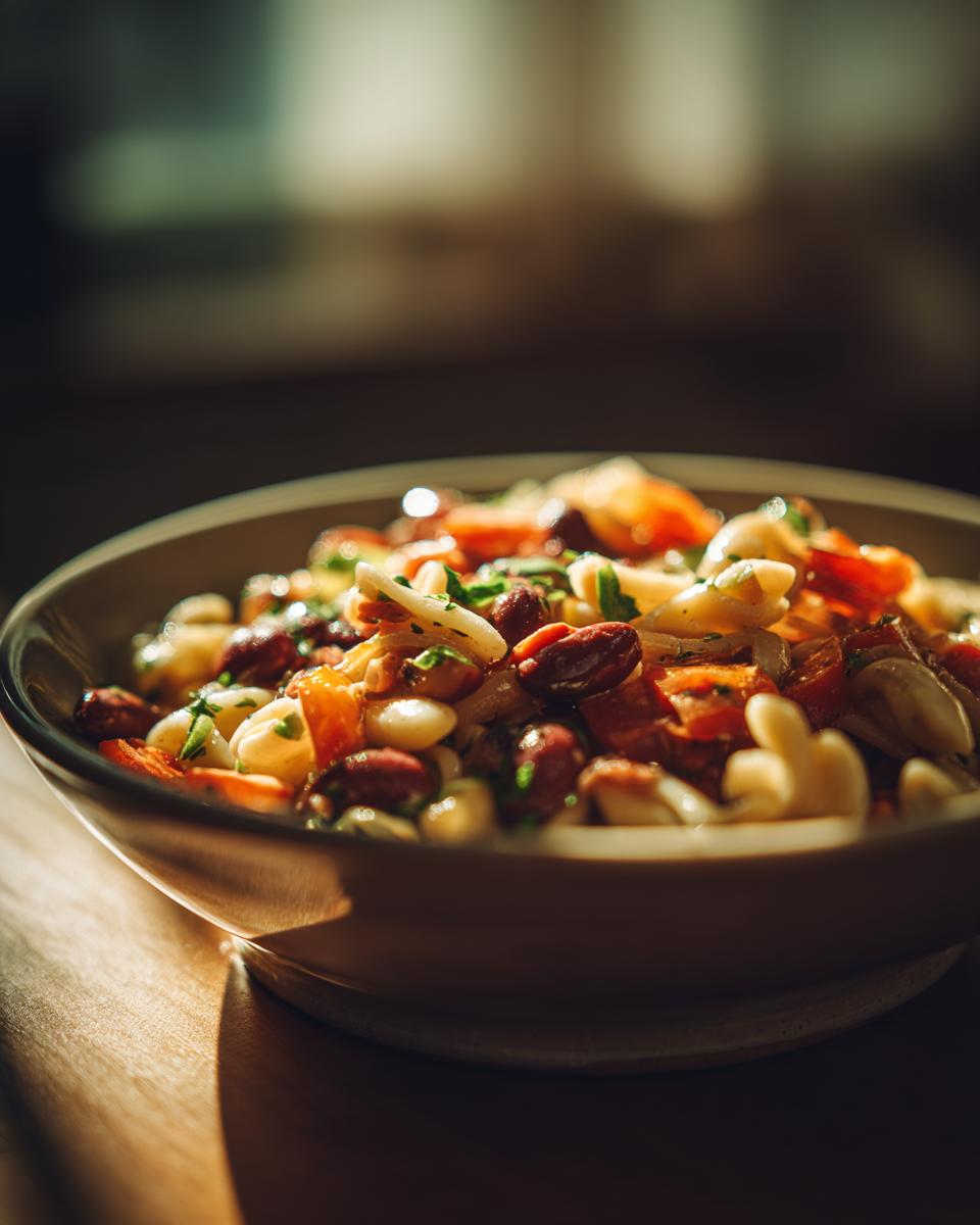 Close-up of a bowl of pasta salad kidney beans, with pasta, kidney beans, and vegetables.