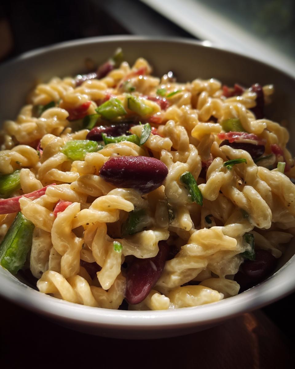 Close-up of a bowl of creamy pasta salad kidney beans with vegetables and dressing.