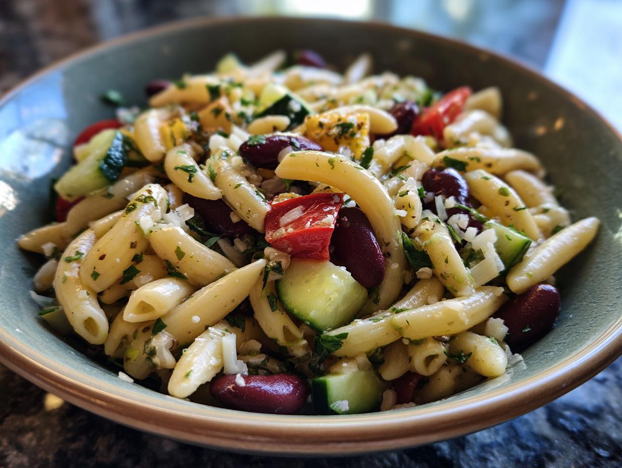 Close-up of a bowl of pasta salad kidney beans with cucumber and tomatoes.