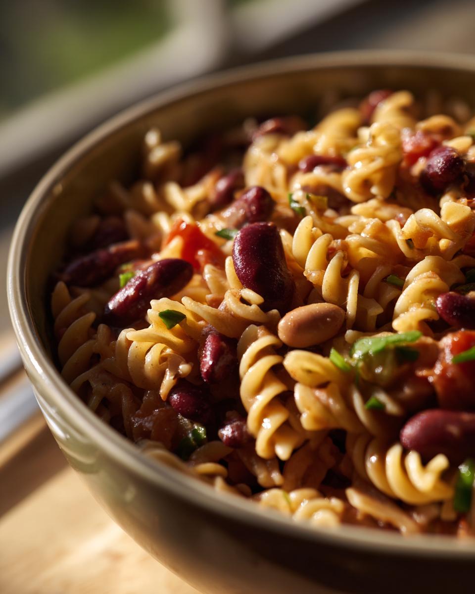 Close-up of pasta salad kidney beans in a bowl, showing pasta, kidney beans, and tomatoes.