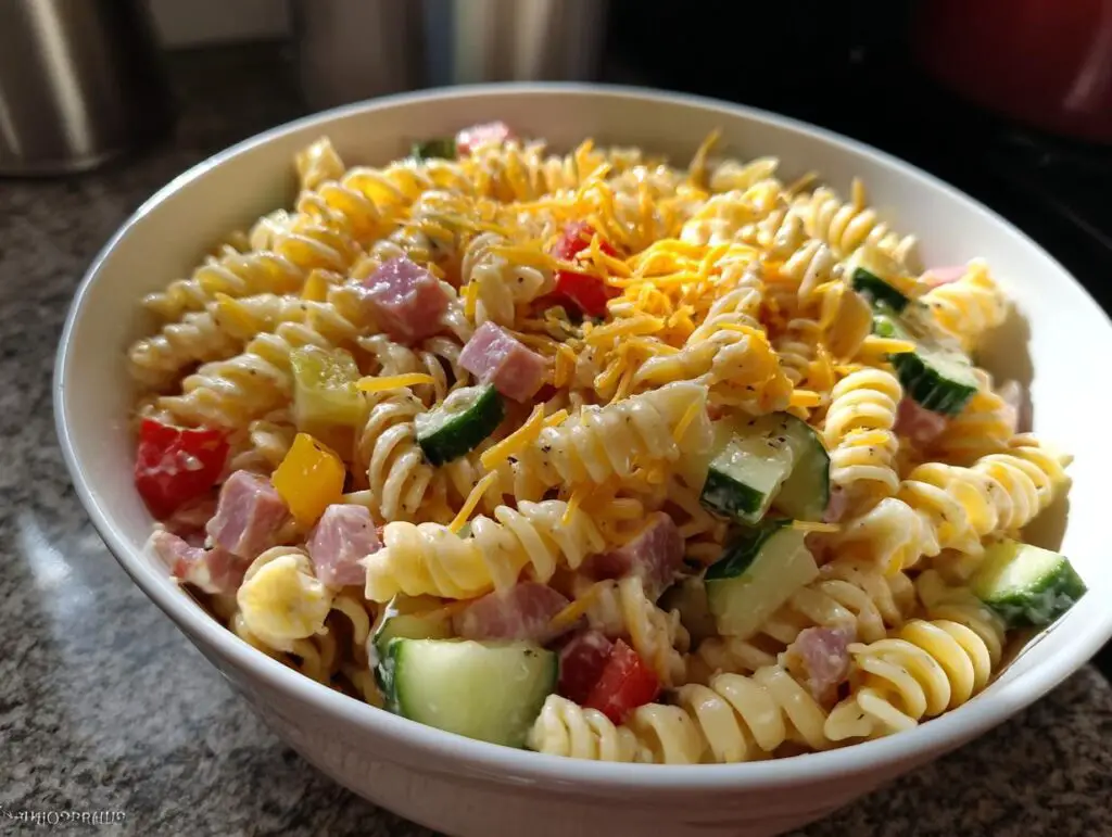 Close-up of a bowl of pasta salad kids love with rotini pasta, vegetables, ham, and cheese.