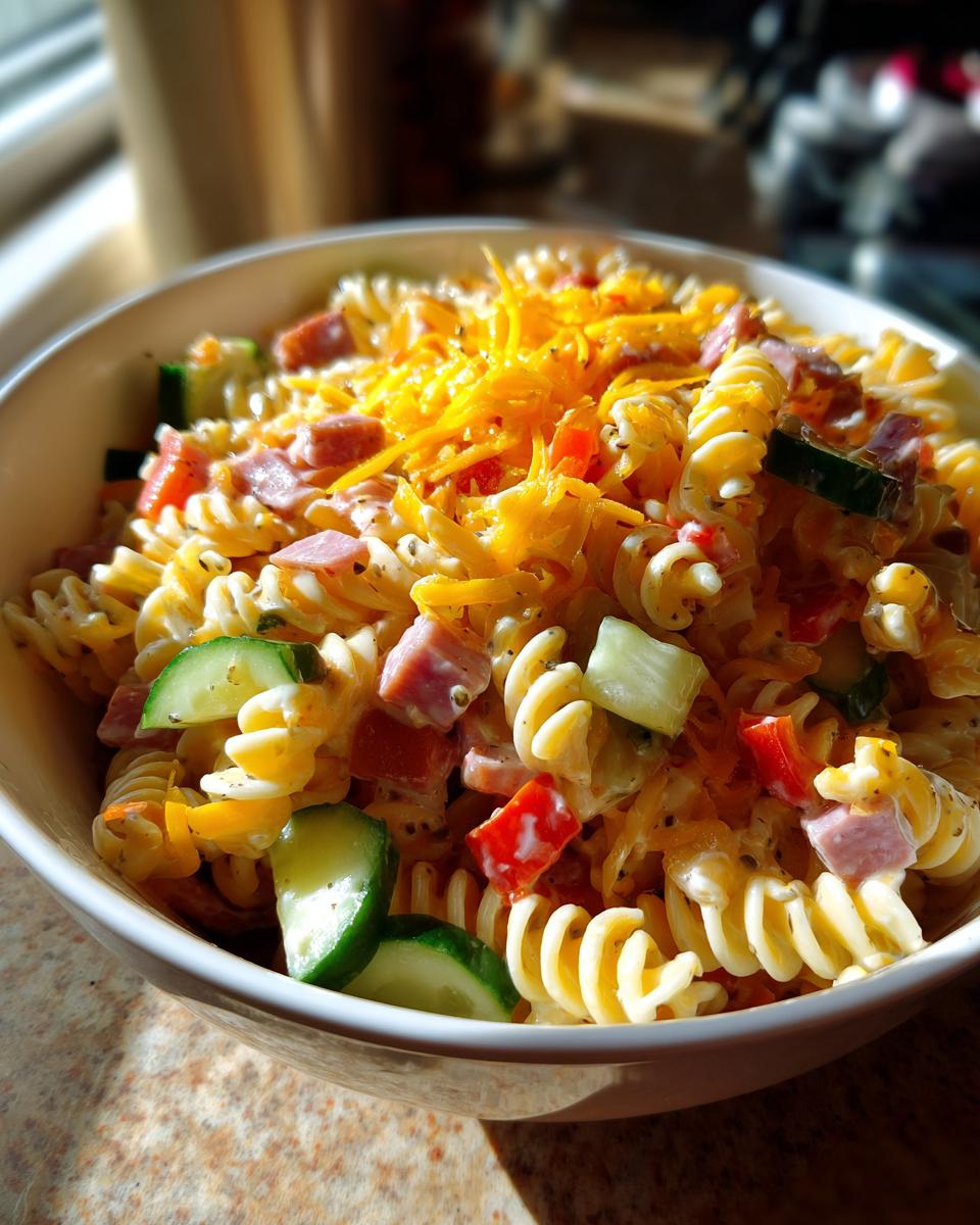 Close-up of a bowl filled with pasta salad kids love, featuring pasta, vegetables, cheese, and ham.