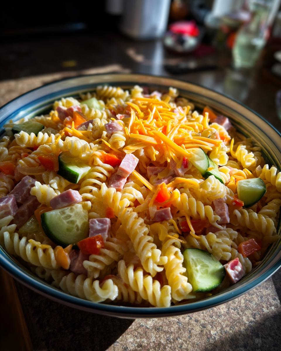 A bowl of pasta salad kids love, featuring rotini pasta, cucumbers, ham, and cheese.