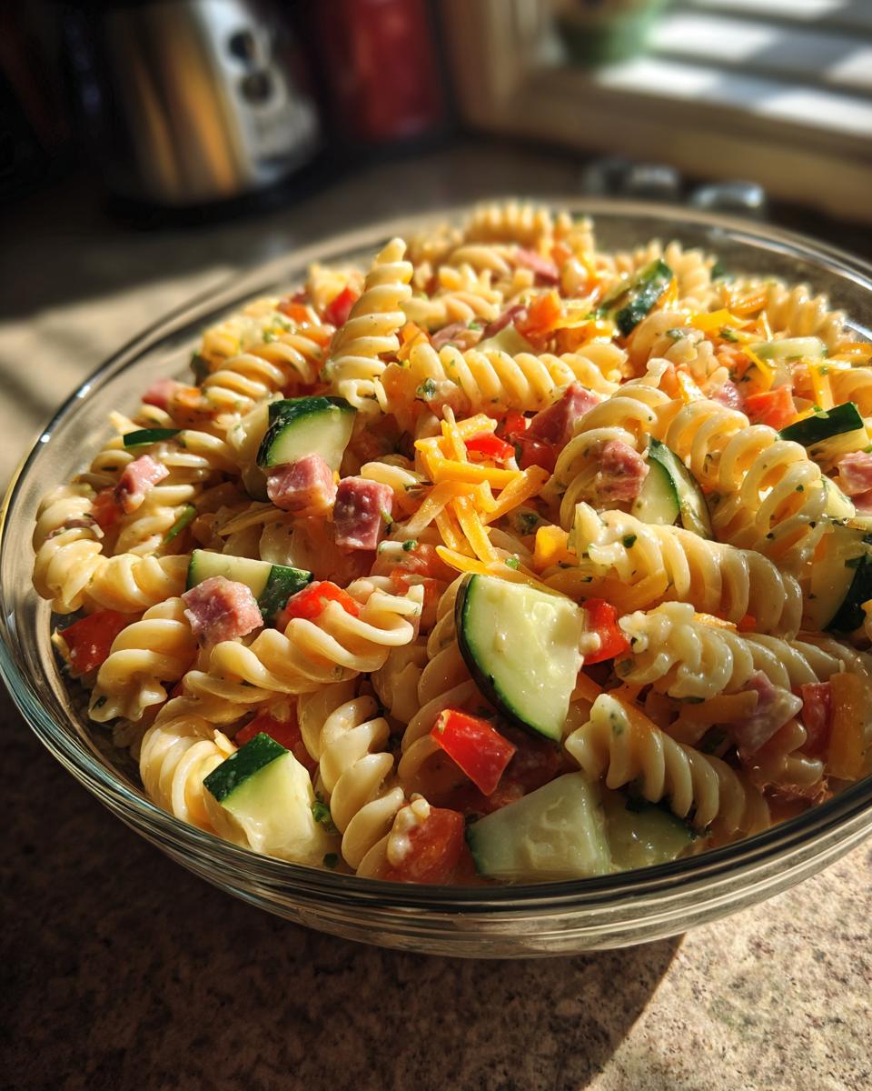 A vibrant bowl of pasta salad kids love, featuring rotini pasta, vegetables, and cheese.