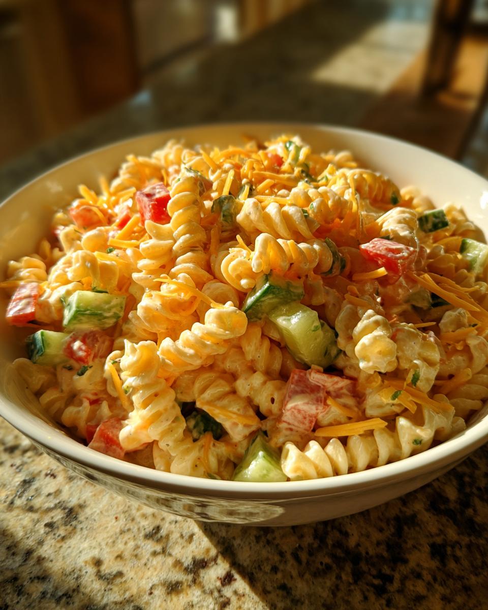Close-up of a creamy pasta salad kids love with rotini pasta, vegetables, and cheese.