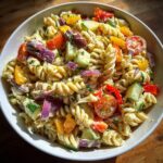 Overhead shot of a vibrant pasta salad lunch meal prep with vegetables and olives.