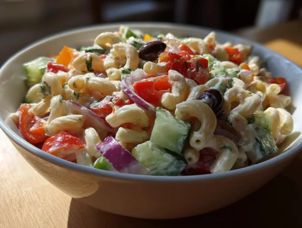 A vibrant bowl of pasta salad lunch meal prep with tomatoes, cucumbers, and olives.
