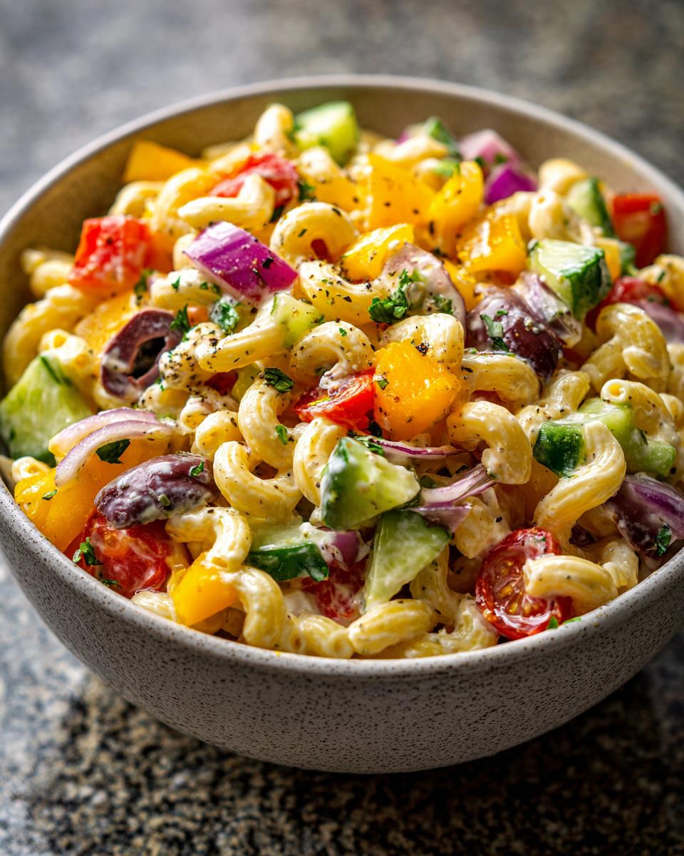 Close-up of a bowl of pasta salad lunch meal prep with vegetables and dressing.