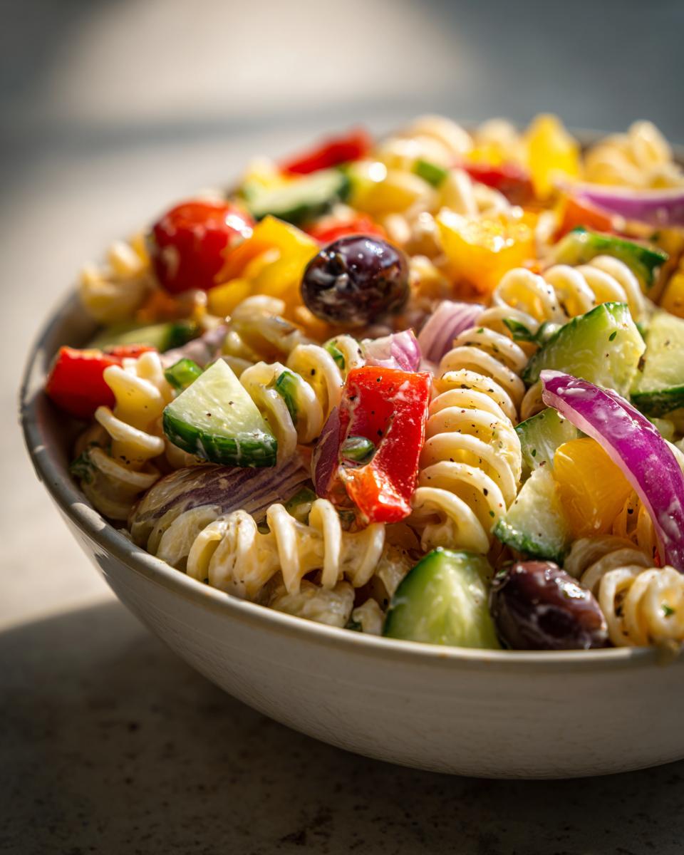 Close-up of a pasta salad lunch meal prep with vegetables and olives in a bowl.