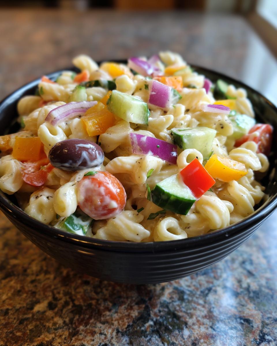 Close-up of a pasta salad lunch meal prep in a black bowl with vegetables and olives.