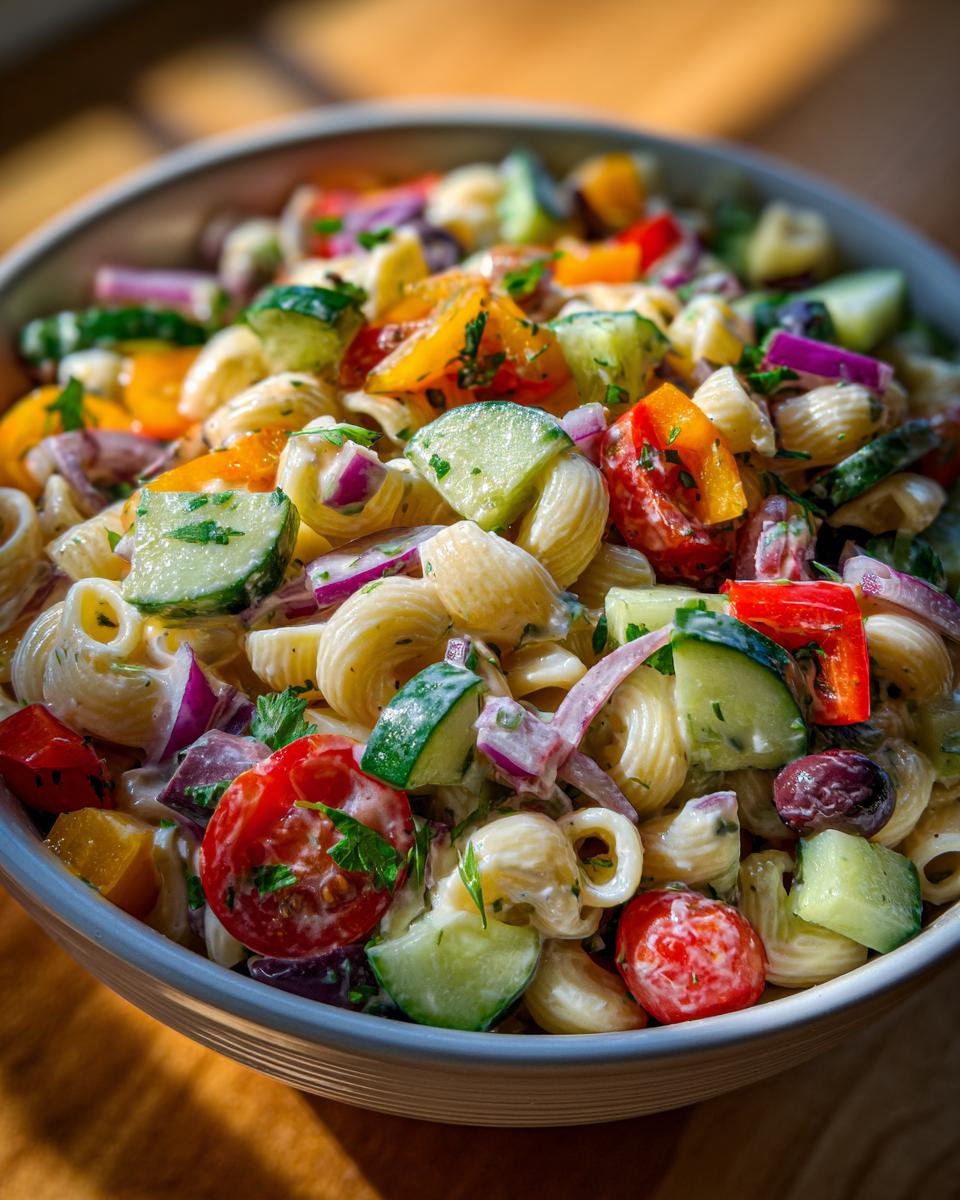 Close-up of a pasta salad lunch meal prep with vegetables and creamy dressing.
