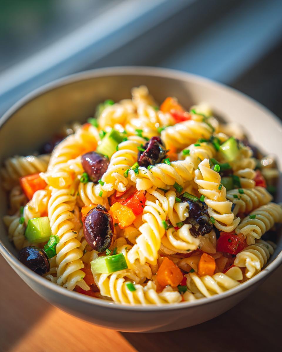 Amazing Pasta Salad No Cheese: 1 Delicious Recipe 9 Close-up of a bowl of pasta salad no cheese with olives, vegetables, and herbs.